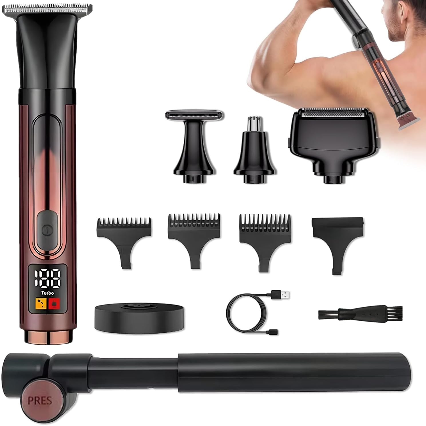 Rasoio elettrico per la schiena da uomo 4 in 1, kit per la cura del corpo con manico di estensione regolabile, display a LED impermeabile, rasoio pieghevole per il corpo da uomo
