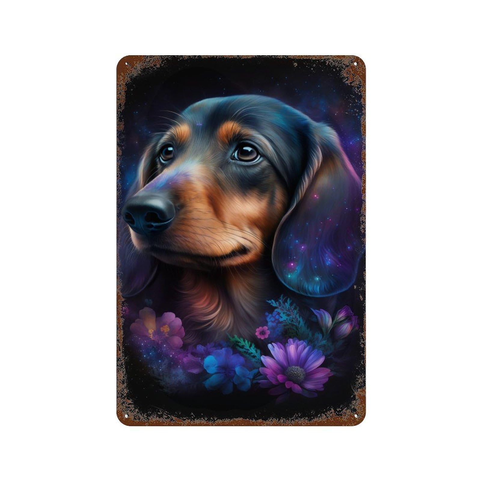 Galactic Dachshund with Flowers -2 Rust Effect Tin Sign 11.8"x7.9", for Farmhouse, Kitchen And Entryway Decor, Decorative Metal Wall Art