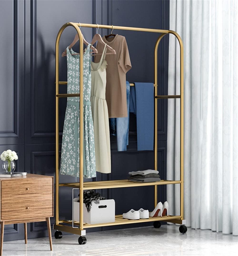 Gold Rolling Coat Rack with 2 Shoe Holders Clothing Display Stand for Stores Space Saving Nizer for Clothes Hats and Shoes,100cm
