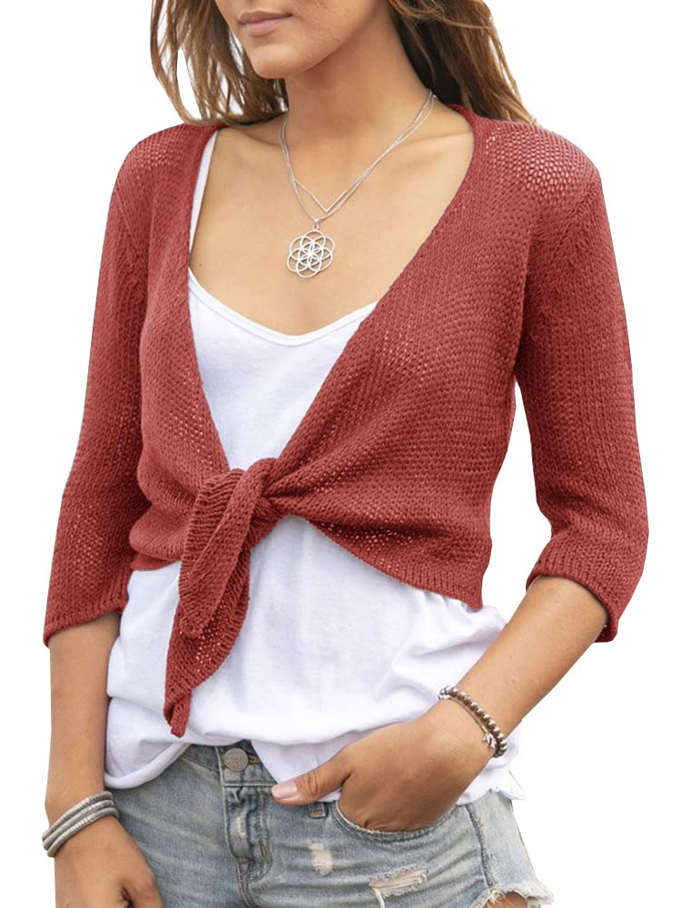 YeMgSiP Women's Tie Front Shrug 3/4 Sleeve Bolero Sheer Knotted Lightweight Cardigan Sweaters Short Shawl Tops
