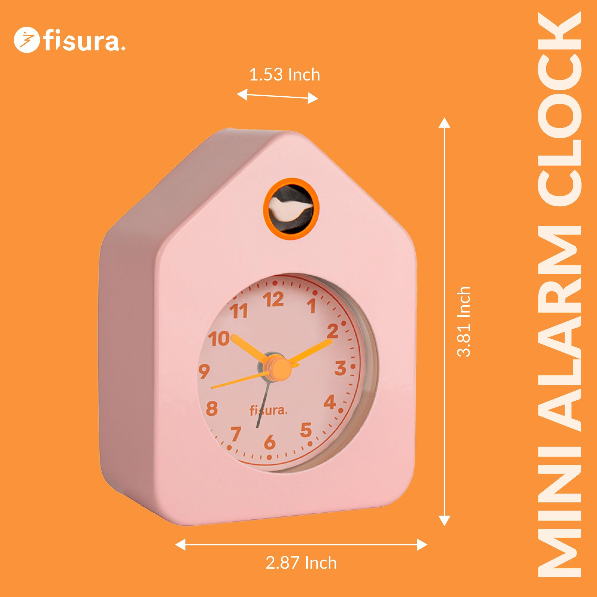 Fisura – Mini budzik domek różowy. Analogowy budzik bez tykania, oryginalny budzik. Mały budzik. Wymiary: 9,7 cm x 7,3 cm x 4,5 cm. Zasilanie: 1 bateria AA