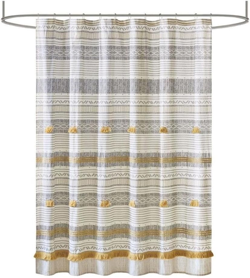 Pemberly Row Cotton Stripe Printed Shower Curtain with Tassel in Gray/Yellow