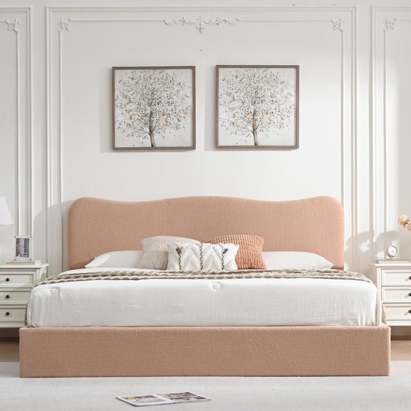 – Boucle Upholstered Platform Bed with Lift Up Storage - Curved Headboard Bed Frame | Bedframe with Storage | Headboard Storage Bed (Pink, 160 x 200 cm with Spring Mattres)