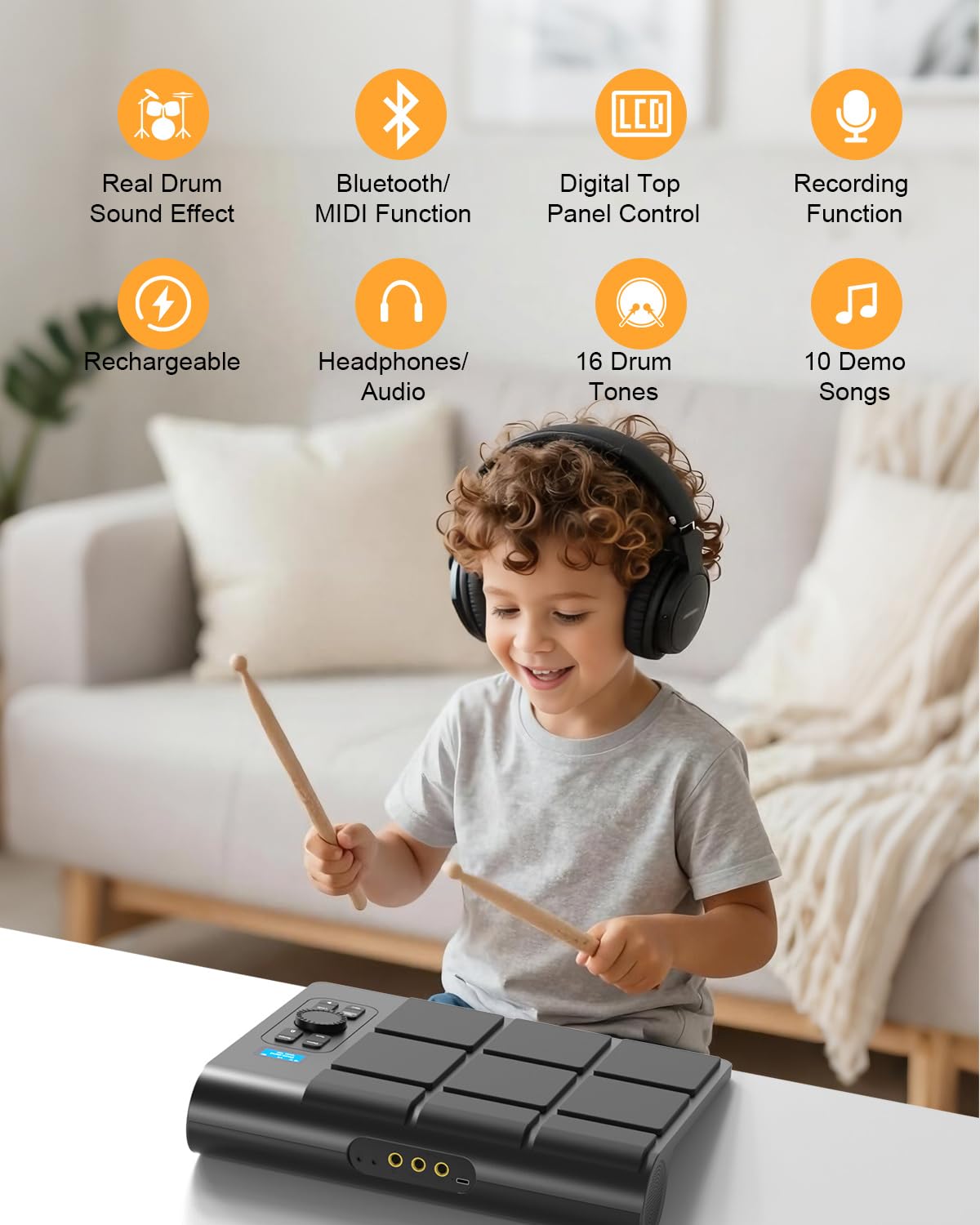 9 Pads Elektronisches Schlagzeug-Pad, Elektronisches Tisch-Schlagzeug-Set, tragbares digitales Schlagzeug mit Geschwindigkeitsempfindlichkeit, LED-Schlagzeug-Pad-Lichter, MIDI-Mac