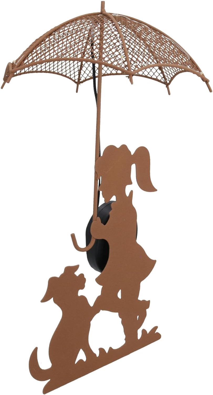 Solar Powered Rustic Girl & Dog with LED Umbrella Garden Decoration Light