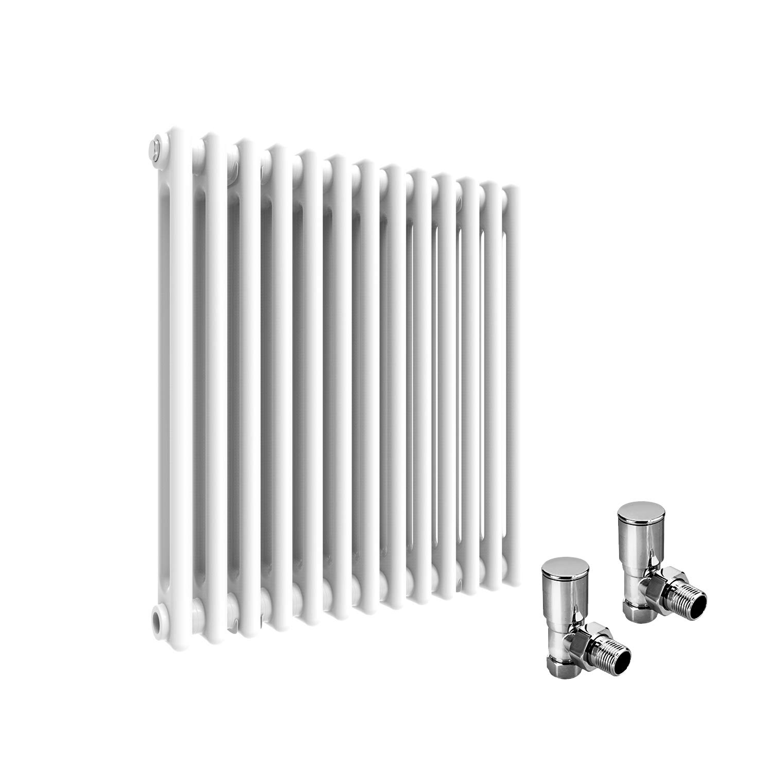 ELEGANT Traditional Cast Iron Style 2 Column Horizontal Central Heating Double Bar Colosseum Designer Radiators White 600 x 592 mm with Valves Chrome