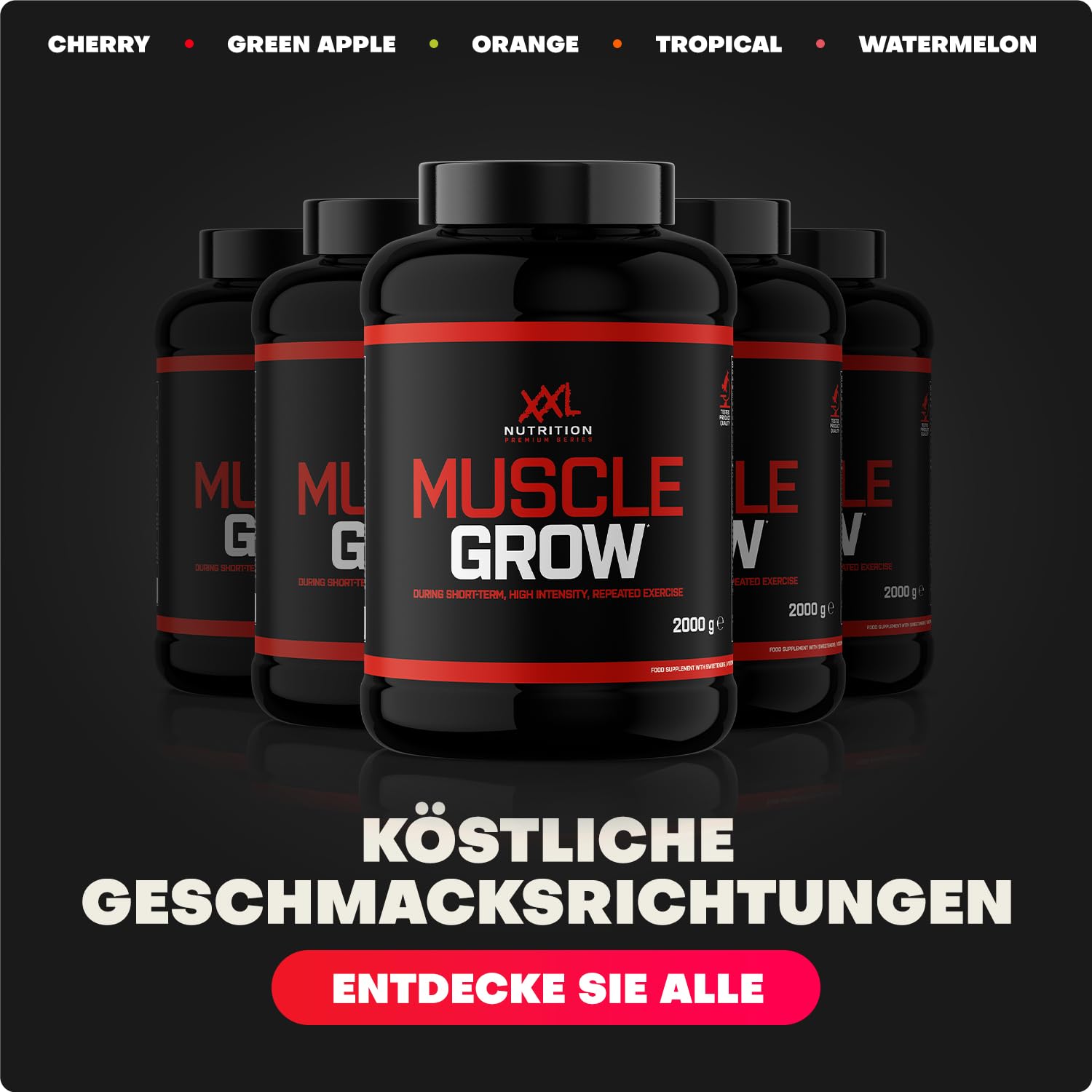 XXL Nutrition - Muscle Grow - All-in-One Supplement, Creatin, Protein, Vitamine & Mineralstoffe, Aminosäuren (BCAA), Kohlenhydrate, Kreatin, L-Glutamin und Taurin - Kirsche - 2000 Gramm