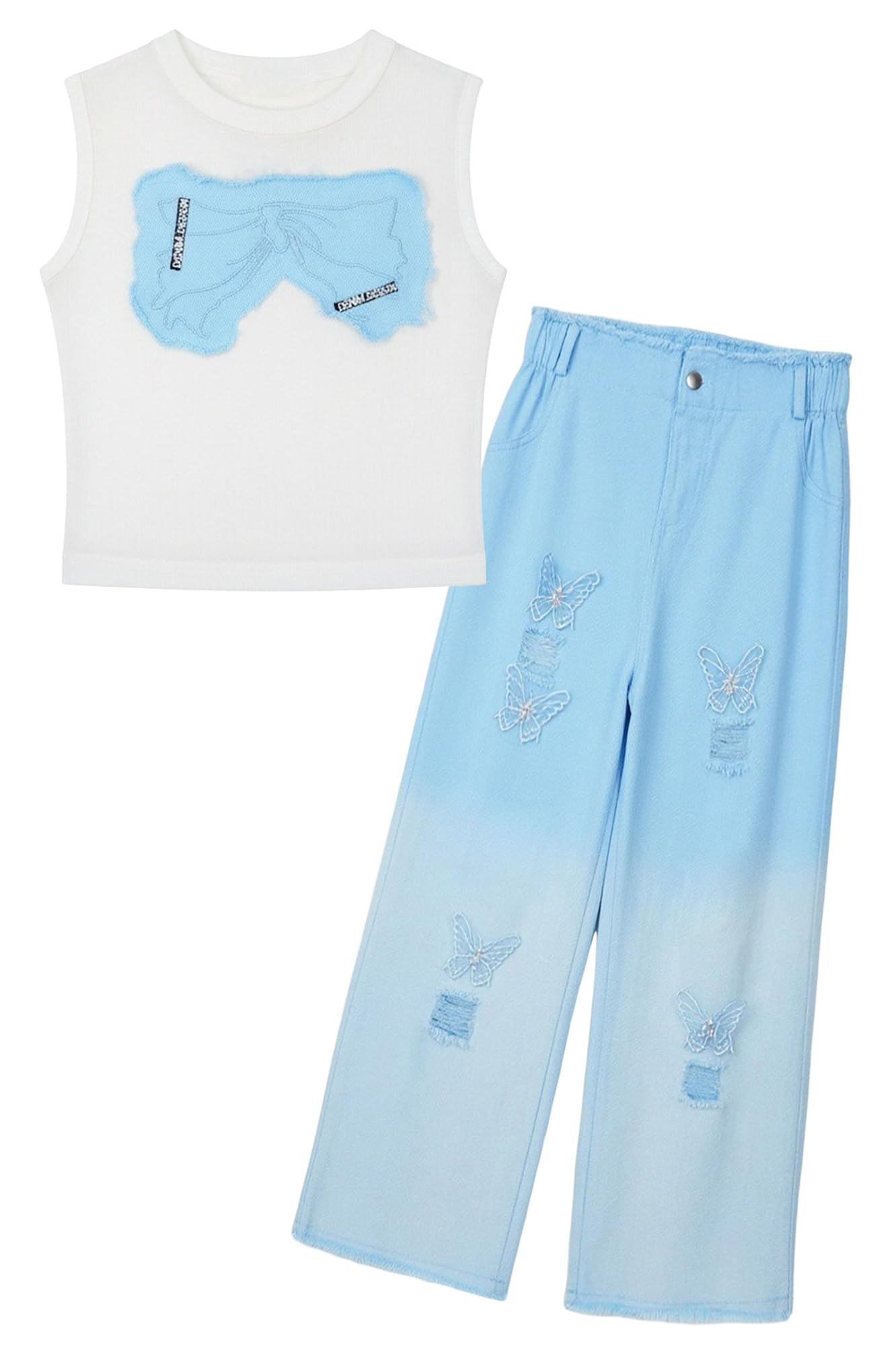 SEAUR Ensembles Fille Débardeur et Jean 2 Pièces Été Crop Tank Top et Pantalon Ensembles de Vêtements Enfant 110-160 CM (3-12 Ans)