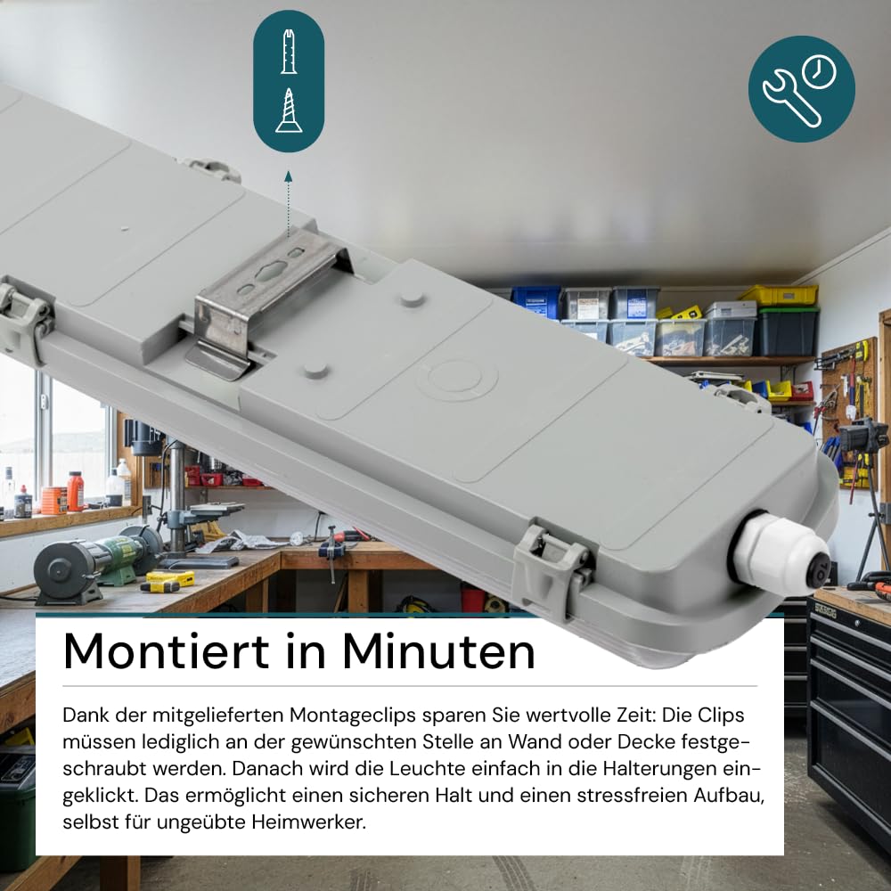 LUXULA LED Wannenleuchte 150cm mit 2x 22W LED Röhren T8 G13 Sockel, 4000K Neutralweiß, 4400lm - IP65 Feuchtraumleuchte für Werkstatt Keller Garage