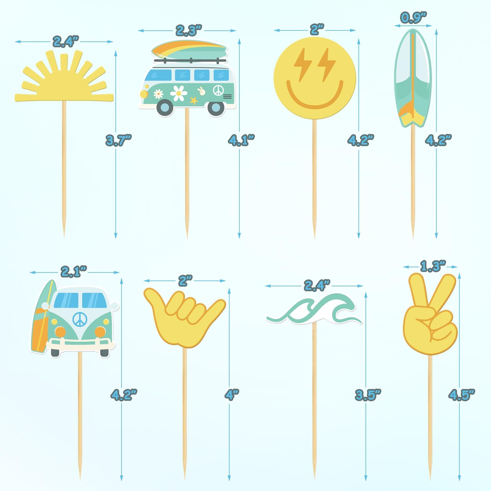 32Pcs Surfing Party Cupcake Toppers Hippie Groovy Birthday Party Decor Boho Wave Sun Hippie Bus Shaka Cake Decorations for Summer Beach Party Supplies