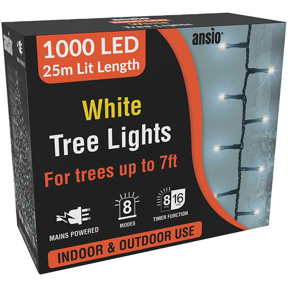 Ansio Cool White Ansio® Christmas Tree Lights 1000 Led 25M/82Ft - Cluster Compact Lights For Indoor & Outdoor Decorations Fairy Lights With Timer For Xmas Garden & Party | Mains Powered Green Cable