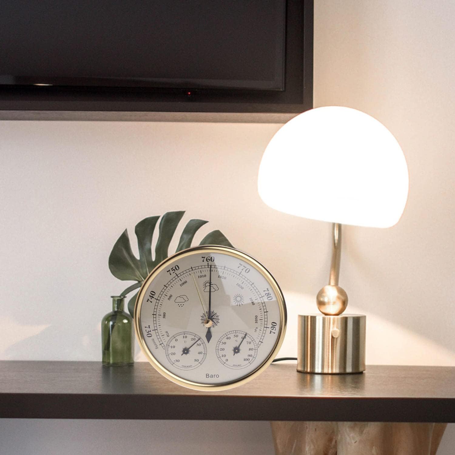 Barometer, Gold 3 in 1 Home Wall Mounted Barometer, Thermometer, Hygrometer, Weather Station Hanging Pressure Gauge, Indoor and Outdoor Humidity and Temperature Measurement