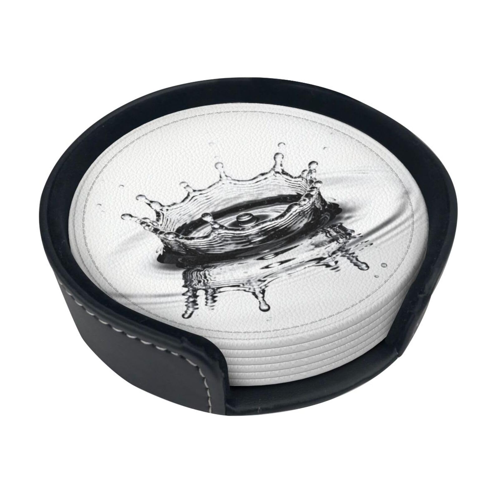 Cntdbu White Water Drop Leather Coasters Set Of 6-Pu Leather Drink Mats For Table, Heat Resistant Round Coasters With Holder