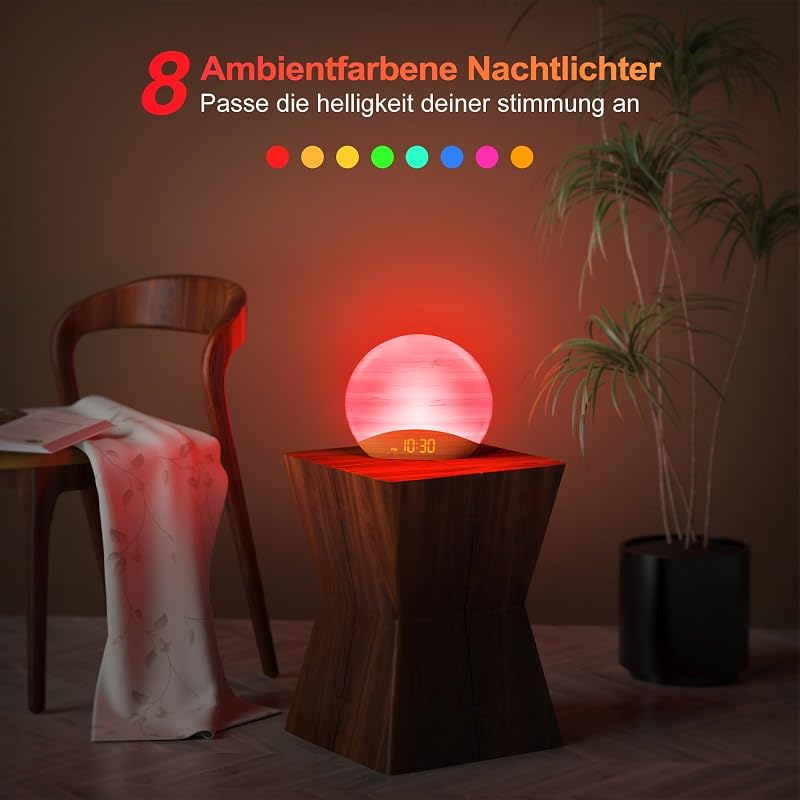 REACHER Ébresztőóra Napfelkelte Fénnyel, Dimmer, 26 Hang, Fa Éjjeli Lámpa