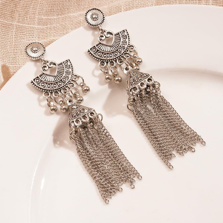 Missgrace Boho Indian Dainty Beads Dangle Teardrop Earrings for Women Vintage Retro Chandelier Earrings Jhumka Jhumki Tassel Studs Traditional Silver Gold-Plated Earrings for Women - Image 5