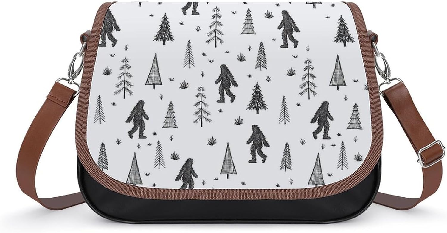 Trees + Yeti PatternWomen's Faux Leather Crossbody Bag, Waterproof Wrinkle-Resistant Shoulder Bag with Detachable Strap, Large Capacity Casual Handbag, Fashion Daily Purse for Shopping Work Dating, Id