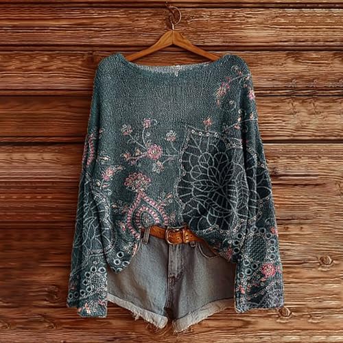 Boho Sweaters for Women Long Sleeve Crewneck Loose Bohemian Floral Blouses Fall Fashion Ethnic Print Pullover Tops2