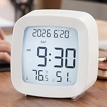 Digital Alarm Clock with Backlight, Snooze, Temp & Humidity Display,White | Time, Date & Weekday Temperature & Humidity Touch Backlight 5-Minute Snooze,Battery Operation Long Battery Life