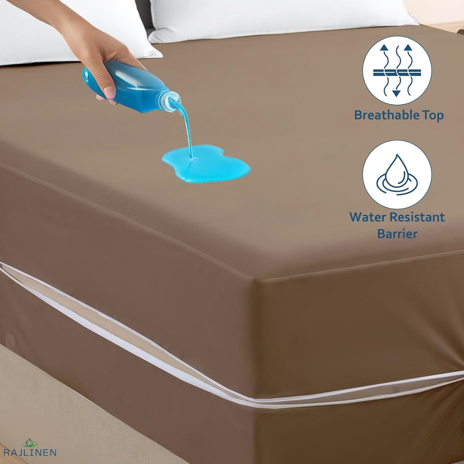 Rajlinen Premium Zippered Mattress Protector, 100% Microfiber, 6-Side Deep Pocket Coverage, Fits Up to 15 Inch Deep, Waterproof, Soft, Noiseless, Breathable Cover, Queen (60x80), Taupe