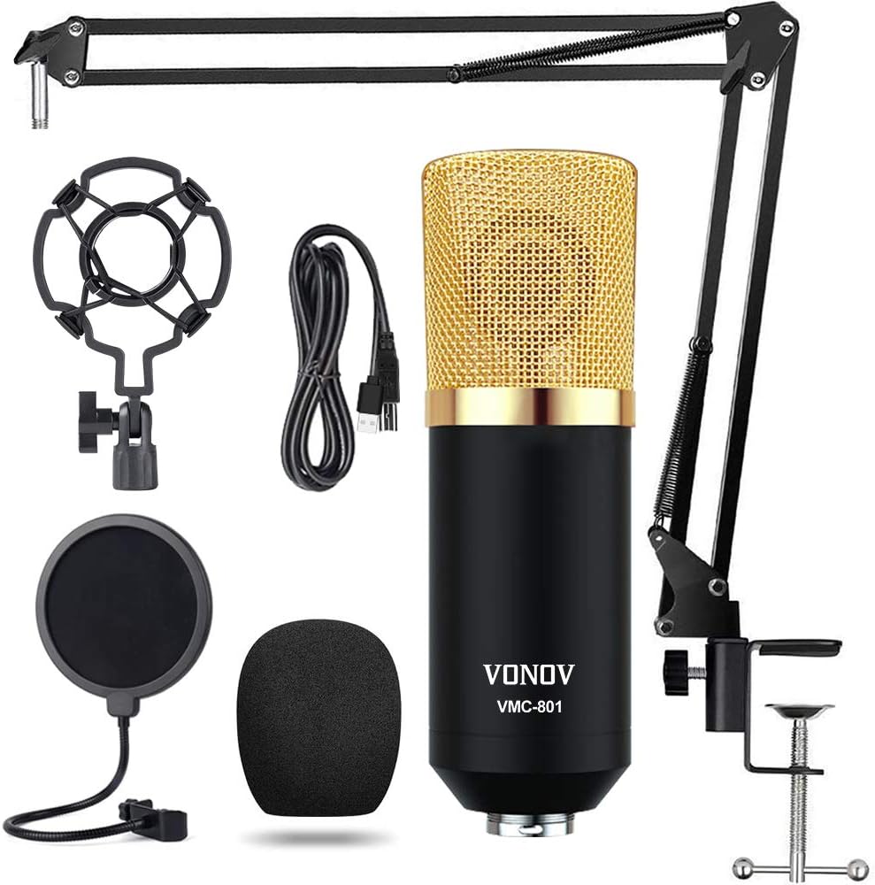 Limited Stock USB Streaming Podcast Condenser Microphone,Professional Computer Mic 192kHz/24bit Studio Cardioid Condenser Kit with Sound Card Desktop Stand Shock Mount Pop Filter for Skype Youtuber (Golden)