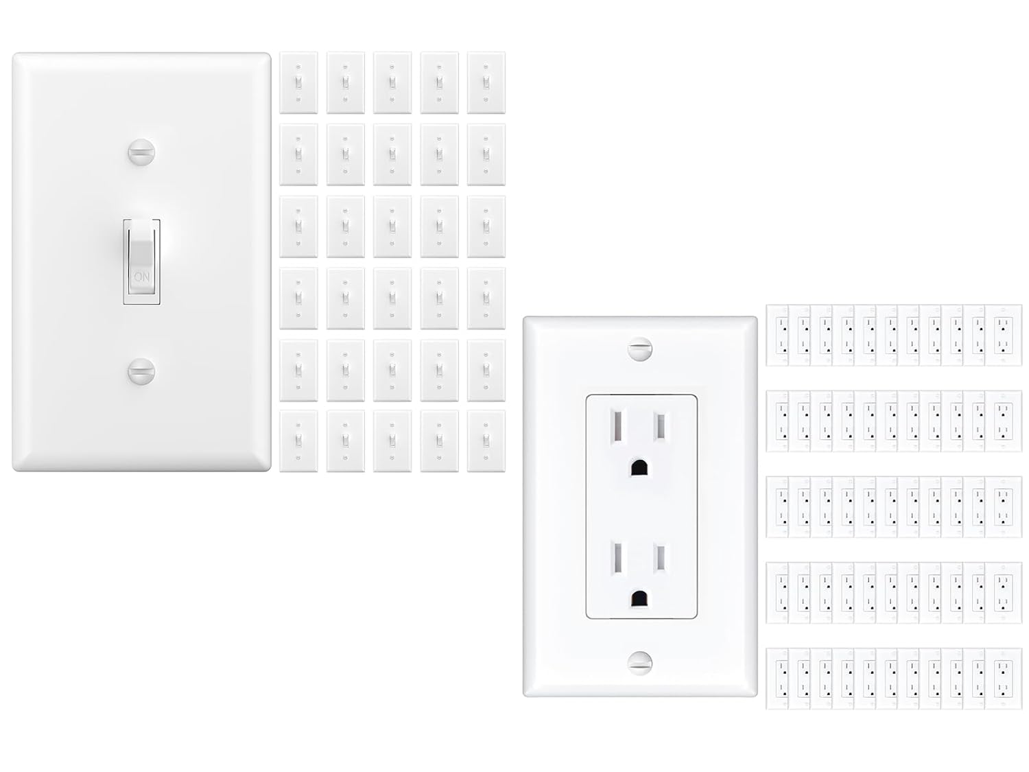 Amico 30 Pack Toggle Single Pole Light Switch Bundle with Wall Plate, UL Listed and Amico 50 Pack Wall Outlet, 15 Amp Outlets, UL Listed, Tamper Resistant Standard Electrical Outlet