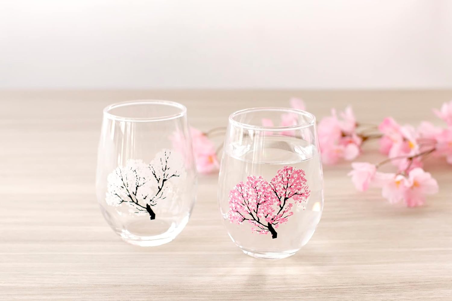 Japanese Sakura Cherry Blossom Color Changing Glass Cups (Pair) Magical Blooming Wine Glasses