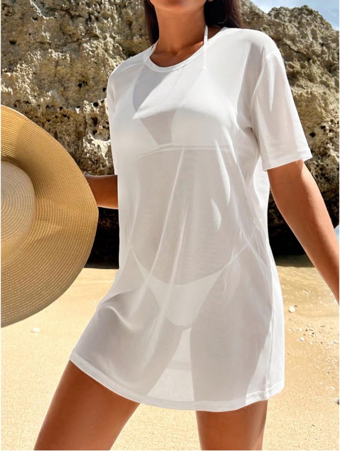 Women's Swimsuit Solid Color Transparent Mesh Cover Beach Solid Color Perspective Swimsuit Dress - Main Image