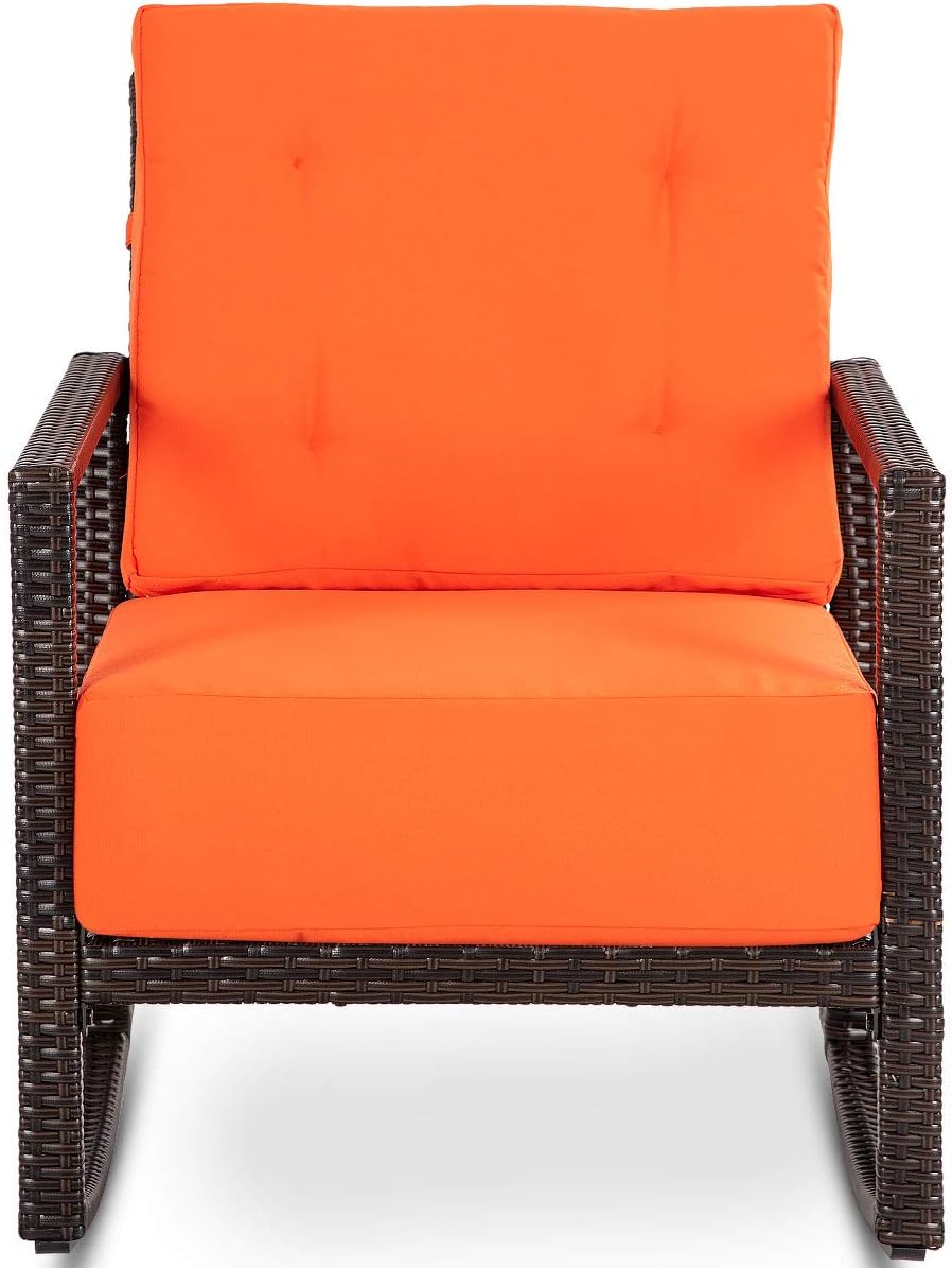 Tangkula (Orange) Rocker, Outdoor Patio Rattan Wicker Rocking Armchair Chair Furniture W/Cushion