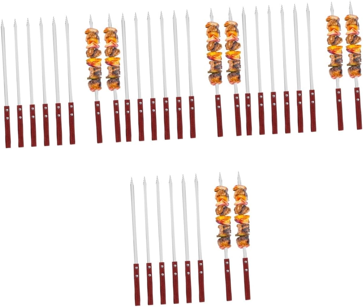 Happyyami 24pcs Stainless Steel Flat Skewers Wooden Handles Barbecue Skewers for Grilling Meat Vegetables and Kebab Easy to Clean