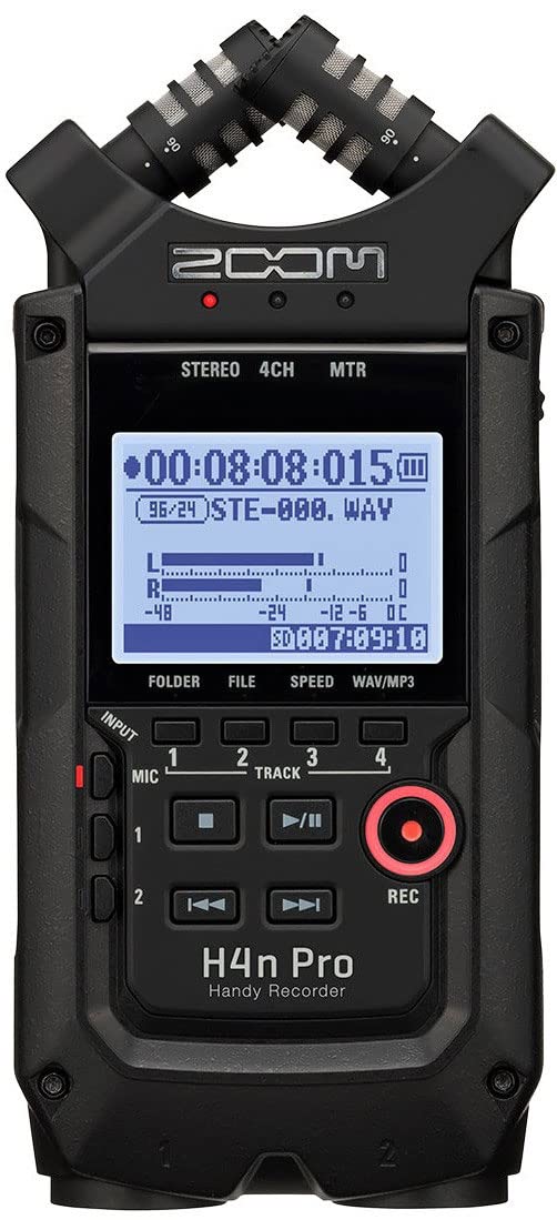 ZOOMH4n Pro 4-Track Portable Recorder, All Black, Stereo Microphones, 2 XLR/ ¼“ Combo Inputs, Battery Powered, for Stereo/Multitrack Recording of Music, Audio for Video, and Podcasting