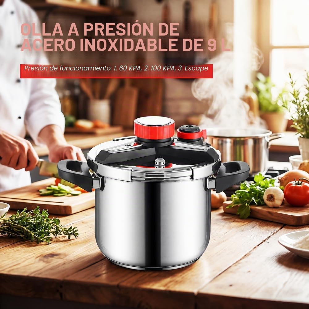 12 Liters Olla a Presión 4 en 1 de Acero Inoxidable 304,Antiexplosión,3 Niveles PSI,Tapa de Vidrio y Vaporera,tapa de olla Conserva con Bloqueo de Una Mano,Compatible con Inducción y Gas