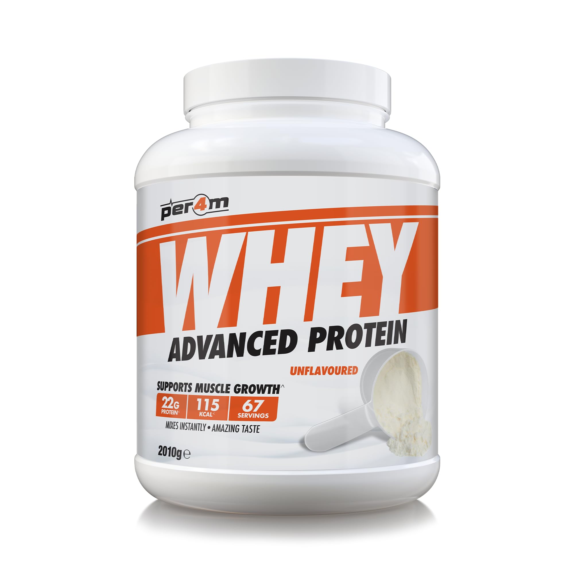 Per4m Whey Protein Powder | High Protein Shake for Muscle Growth & Recovery | Low Sugar Gym Supplement | Sports Nutrition Drink + Amino Acids (2010g, Unflavoured)