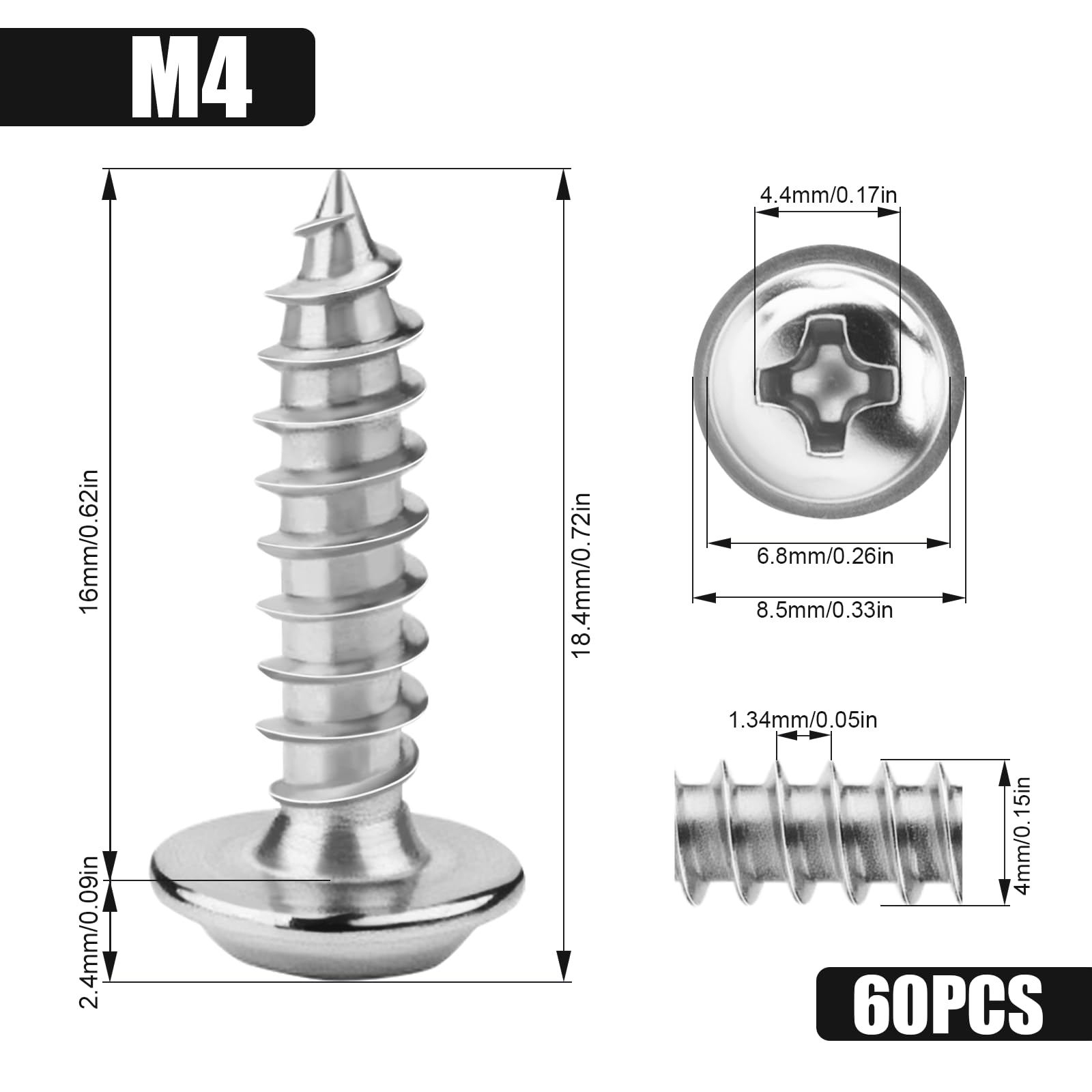 KGGZKG 60 Pcs Pan Head Screws M4x16x8.5mm Phillips Wafer Head 304 Stainless Steel Wood Screws Self Tapping Screws Multi Purpose Round Dome Head with Washer for Construction Hardware Silver - Image 2