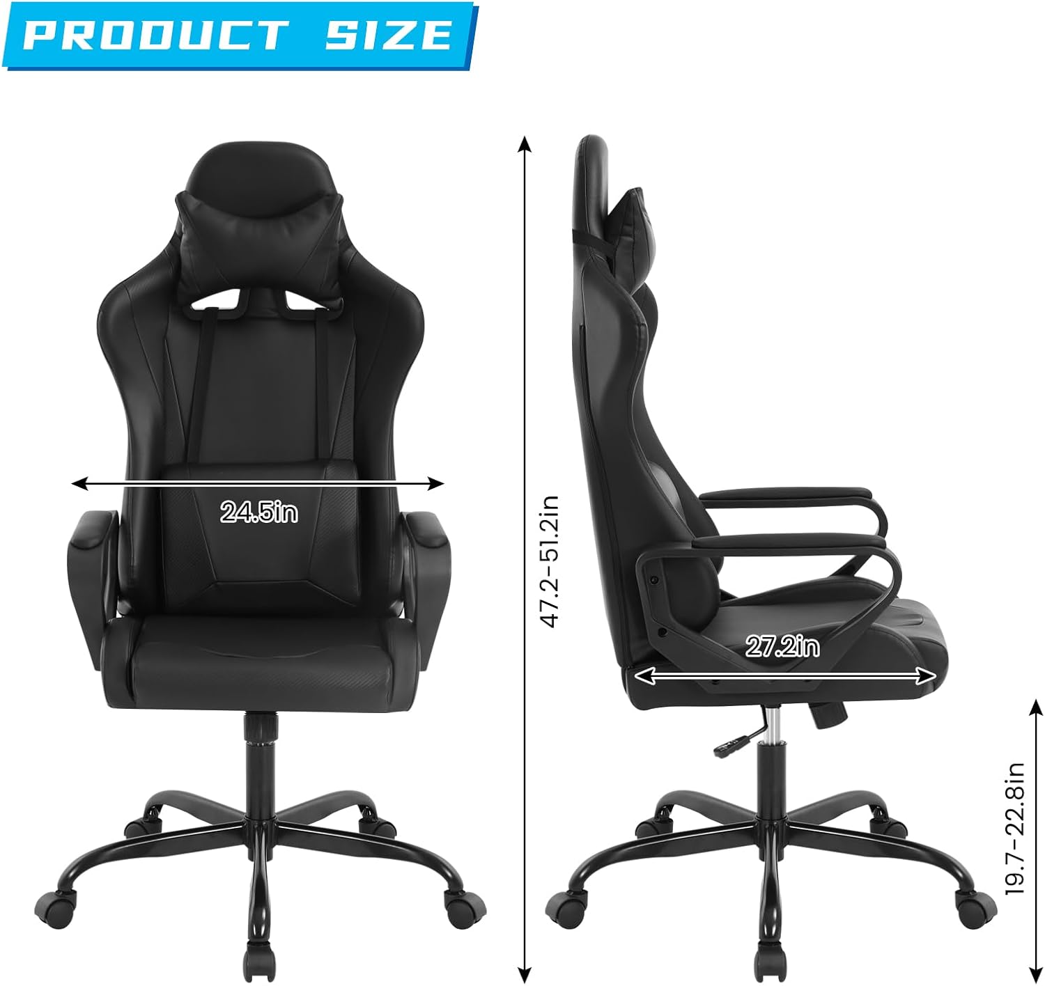 Black Gaming Chair | Ergonomic High Back Desk Chair Racing Style with Lumbar Support, Headrest & Arms - Heavy Duty Swivel Computer Chair for Office