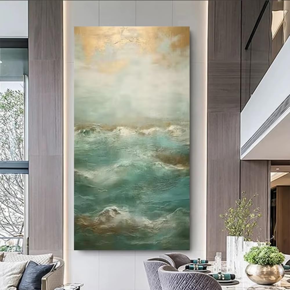 AEFOUU Wall Art Canvas Picture Print Large Abstract Painting, Green Gold Foil Abstract Painting Modern Wall Art Home Decor(20x40cm/8x16in/Frameless)