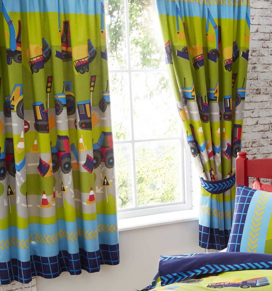 Boys duvet cover set road construction digger builder trucks bedding & curtains available (Curtains - 66x54")