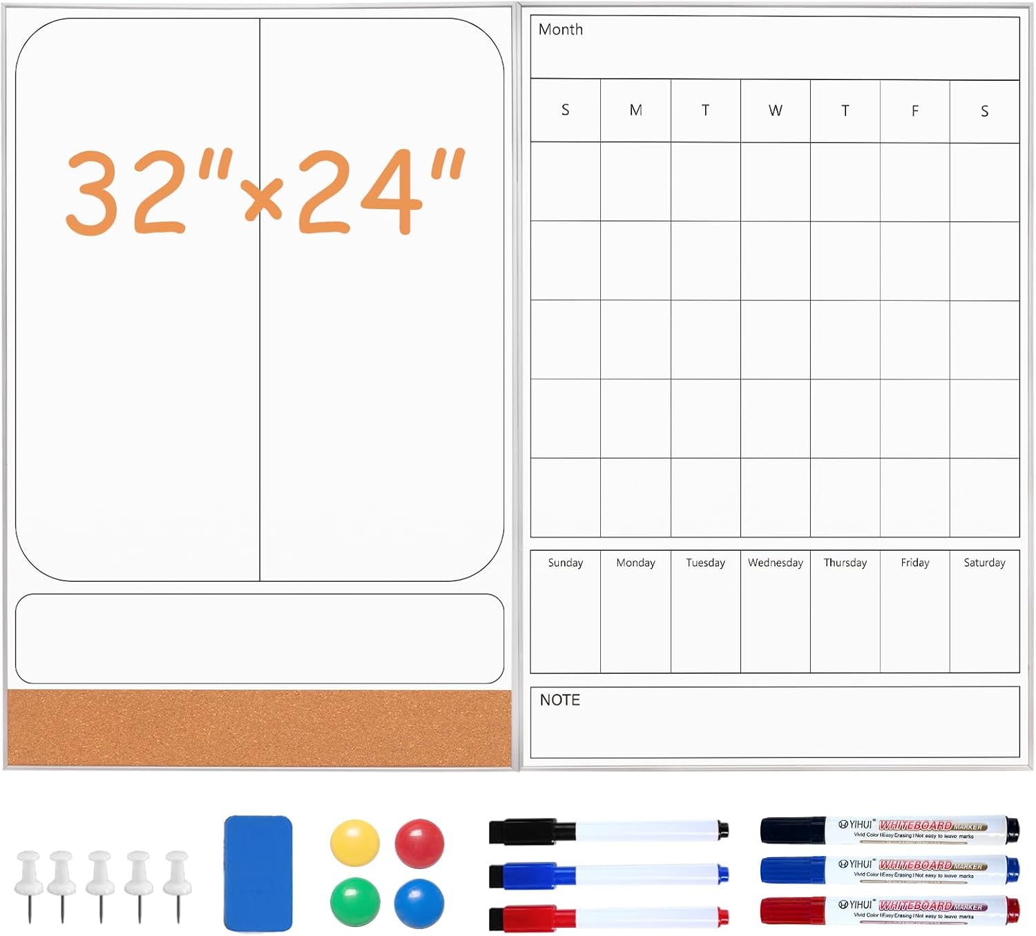 ARCOBIS Dry Erase Calendar for Wall 32" x 24", Large Magnetic Whiteboard Calendar with Cork Board, Foldable Planning Board for Office Home and School Goal Board+ Calendar