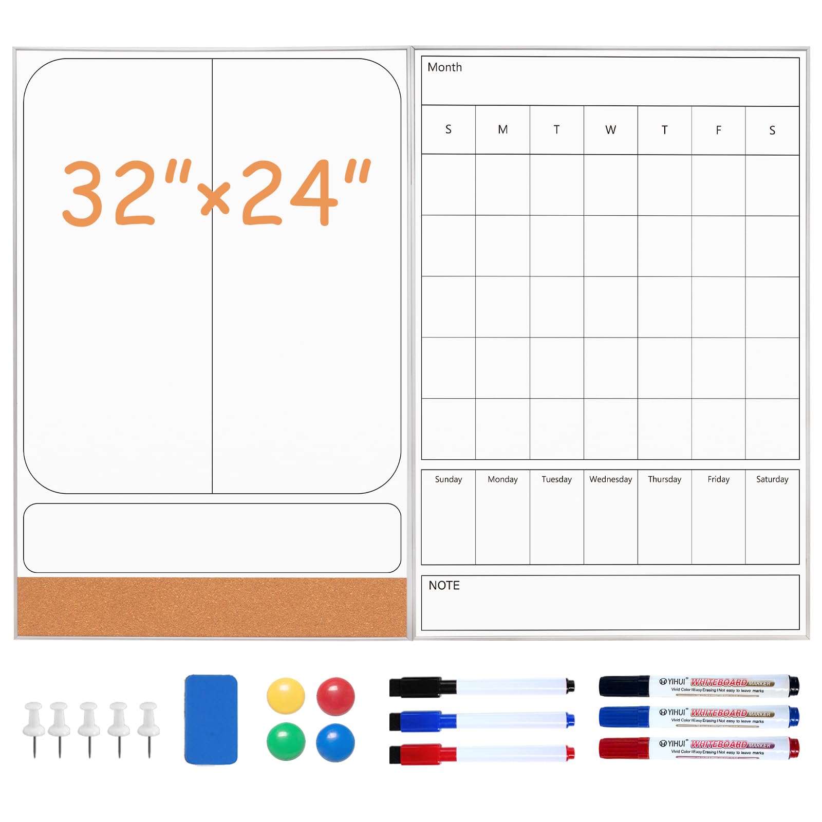 ARCOBISDry Erase Calendar for Wall 32" x 24", Large Magnetic Whiteboard Calendar with Cork Board, Foldable Planning Board for Office Home and School