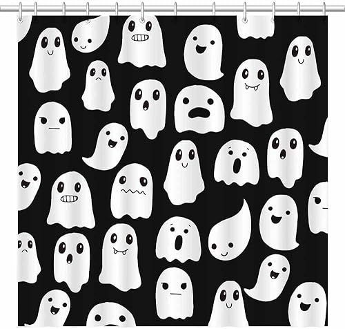 Miniatura 8 de SHENGJUN Cortina de ducha fantasma de Halloween de 72 x 72 pulgadas, espeluznante y divertida, iconos de fantasmas de dibujos animados, tela blanca
