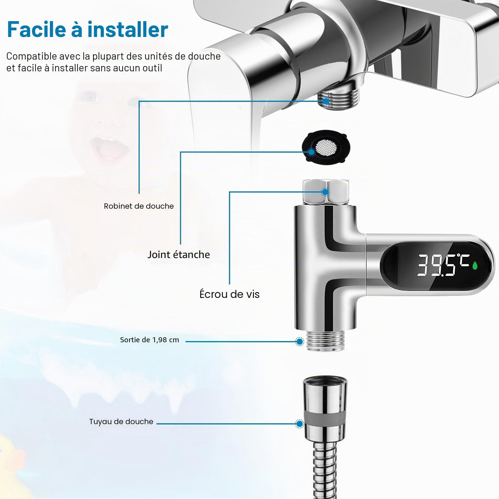 Thermomètre de bain pour - Affichage LED - Débit d' - Thermomètre de douche auto-générateur - Pour le soin de