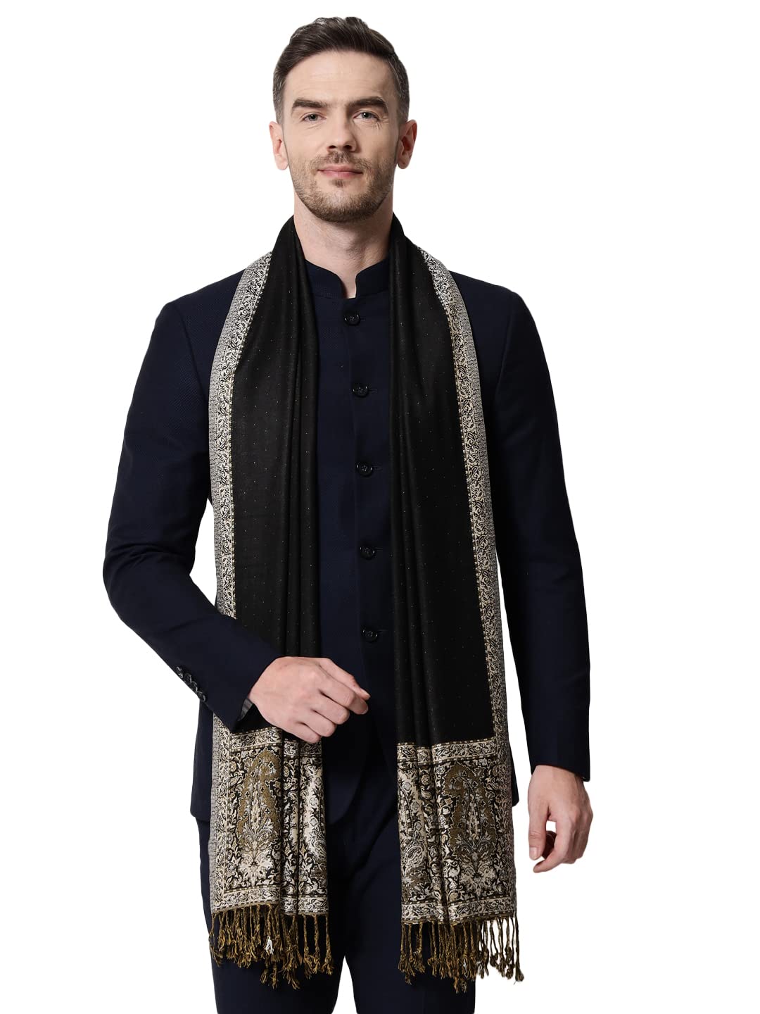 pashtush mens Bamboo stole, jacquard design, Black-picture-25