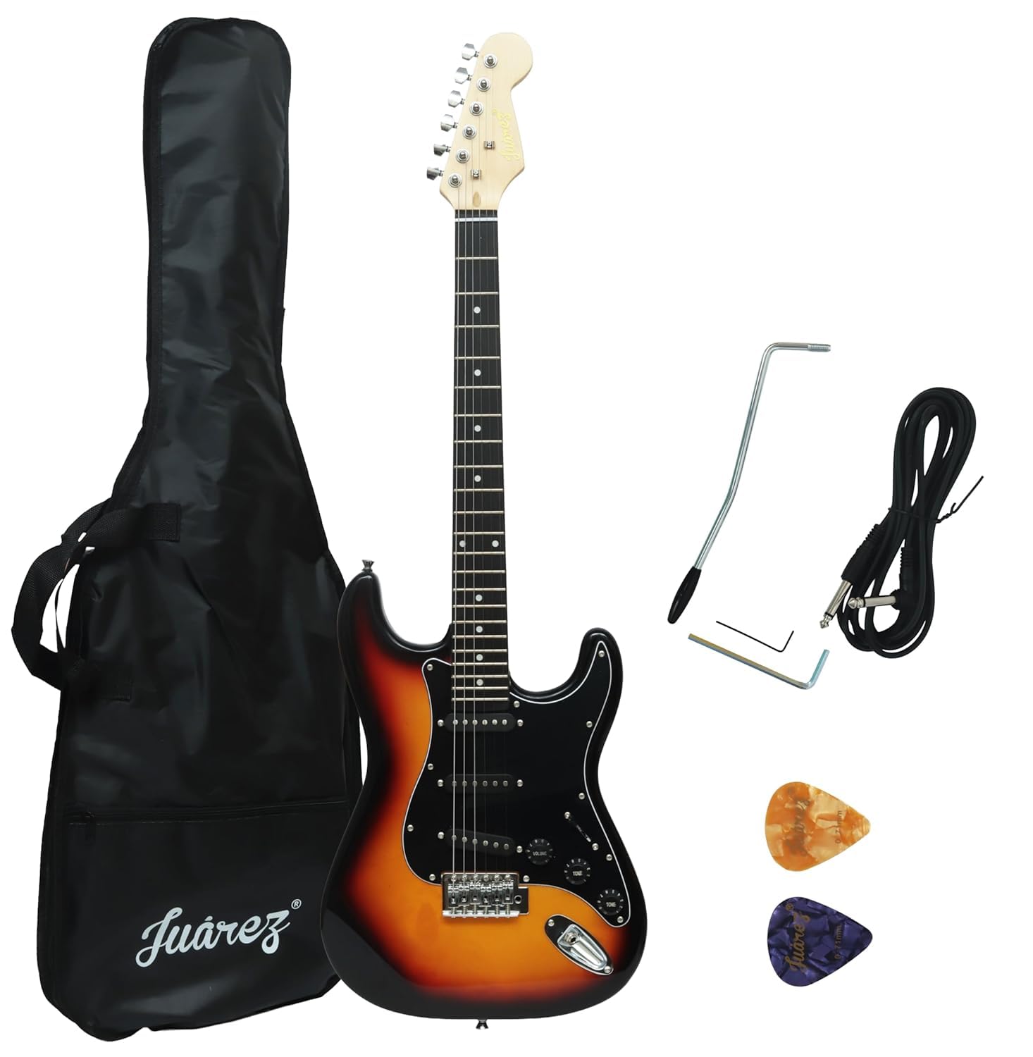 JUAREZ JRZ-ST01-3TS, 6 Strings Linden Wood Electric Guitar, Right Handed with Bag/Case, 2 x Picks (3TS Sunburst, 38 Inches)
