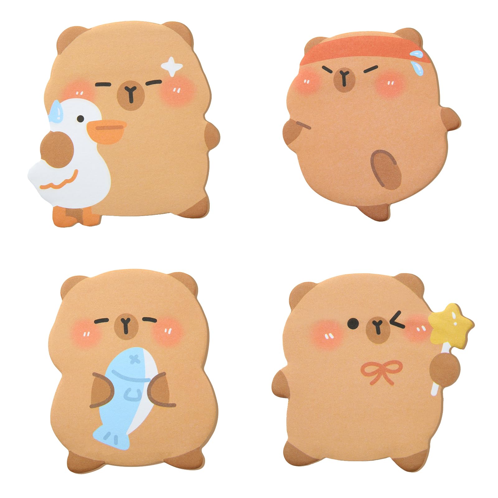 Capybara Shape Sticky Notes, Cute Cartoon Capybara Sticky Memo Pads Kawaii Small Self-Stick Memo Note Pad, 4 Packs 60 Sheets/Pack, Self-Stick Notepad for Office School Student Kids