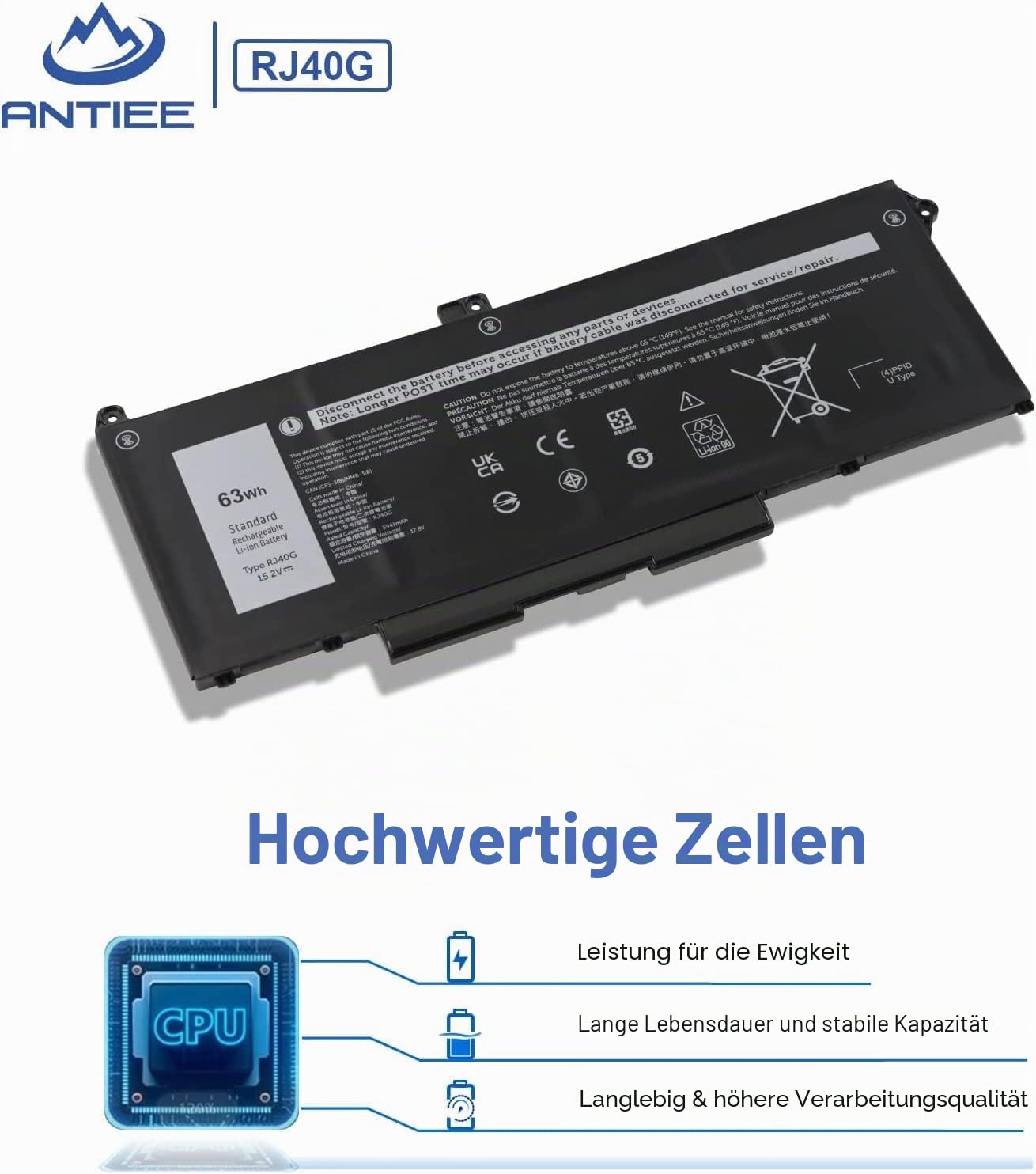 ANTIEE 63Wh RJ40G Laptop Akku Kompatibel mit Dell Latitude 14 5420 Latitude 15 5520 Precision 15 3560 Series P137G P137G001 P104F P104F001 P104F002 005R42 075X16 01K2CF WY9DX 0WK3F1 0M3KCN 15.2V
