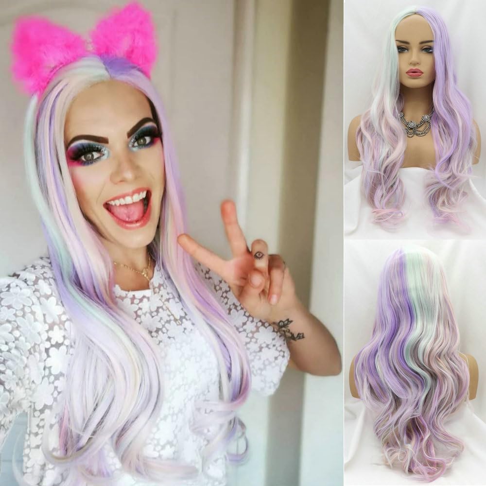 SERENEWIG Colorful Wigs Pastel Pink Purple Blue Green Blend Synthetic None-Lace Rainbow Wig Long Wave Glueless Heat Resistant Multi-color Machine Made Cosplay Halloween Wigs