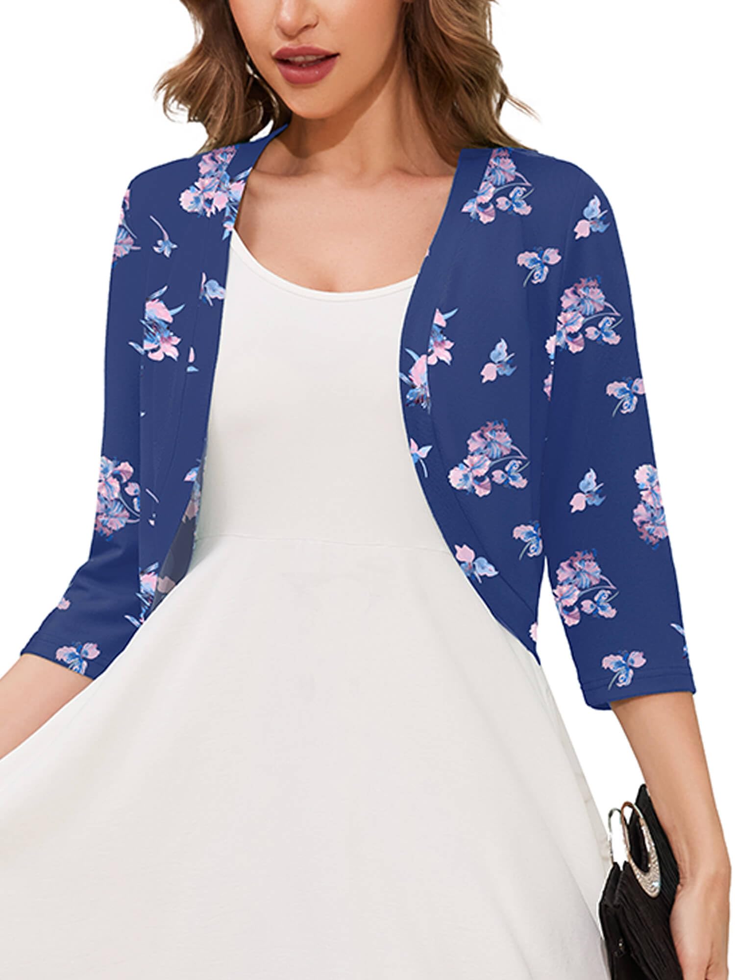 3/4 Sleeve Open Front Lightweight Cropped Bolero Shrug Cardigan | Soft breathable knit, 3/4 sleeve cropped cut, open front layering, versatile cover up for dresses, women's casual fit