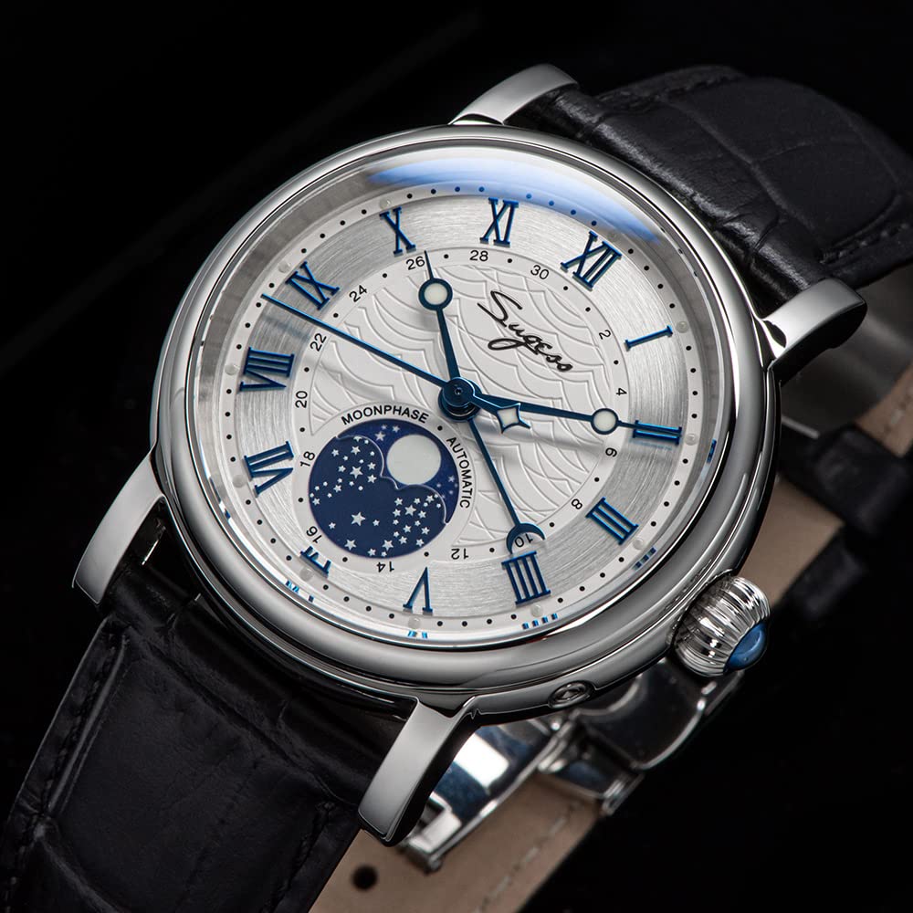 Moonphase Automatische mechanische Herrenuhr Armbanduhren Möwenwerk ST2108 wasserdichte Uhr Saphirglas Uhren, blau, Retro