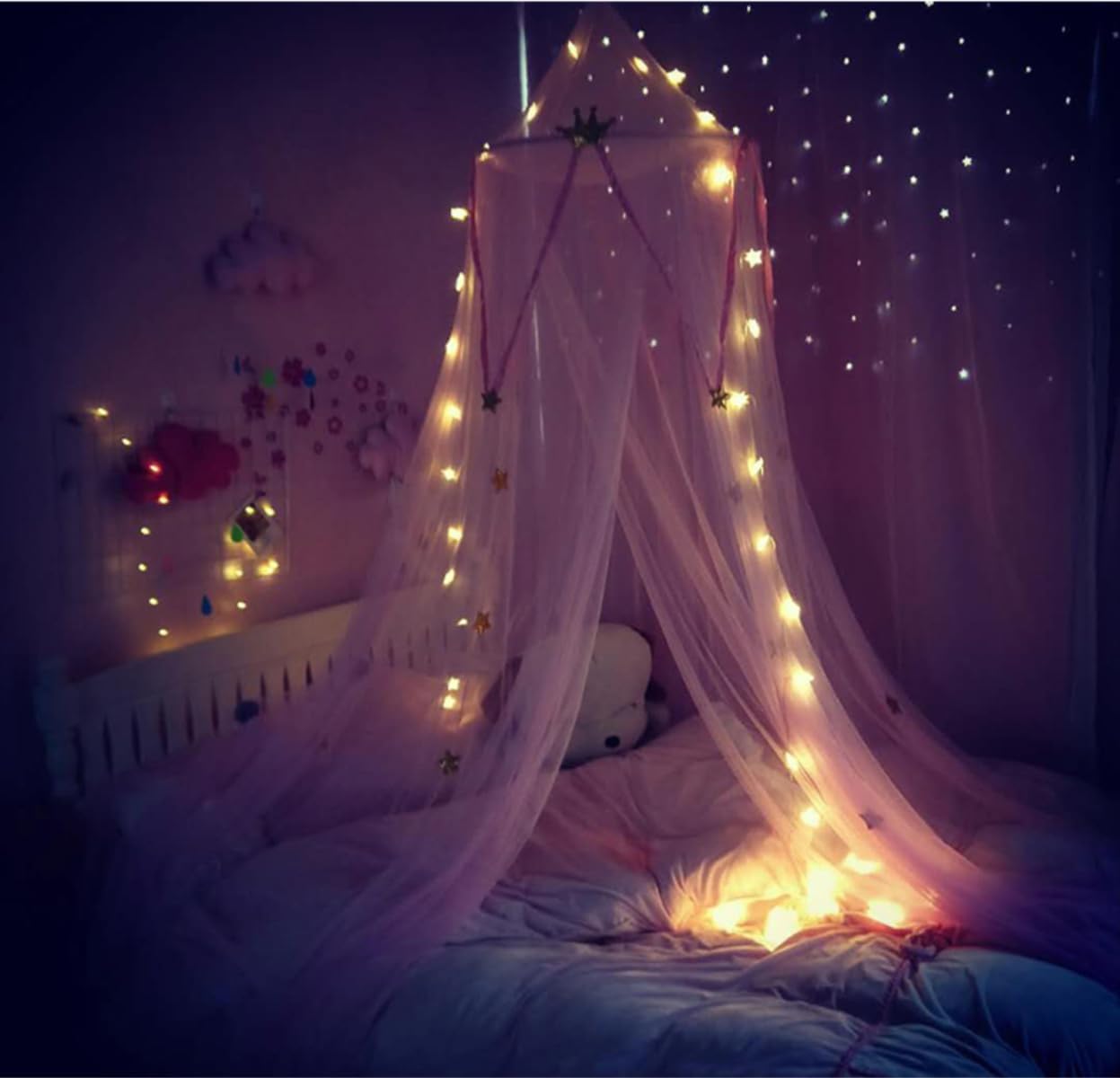 Dome Mosquito Net Crown Star Embellishment Bed Curtain Princess Style Bed Canopy Mosquito Netting For Bedroom, Girl's Room