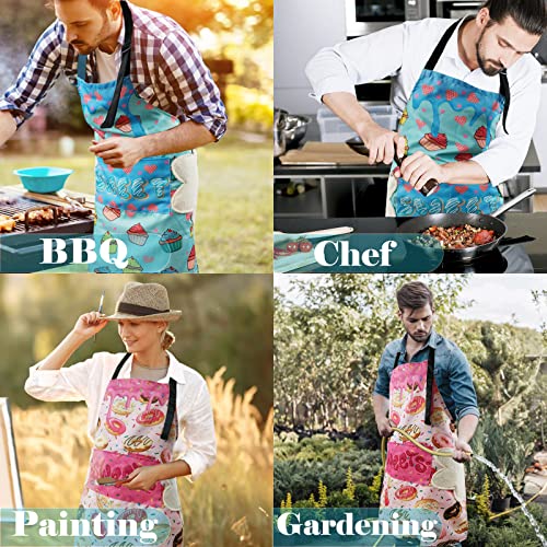 2 Pack Aprons For Women With 3 Pockets, Adjustable Waterproof Kitchen Bib Apron With 2 Towels For Chef Servers Grilling Cooking Baking, Plus Size Donuts Cupcake Aprons For Bbq Painting Gardening #TOP5