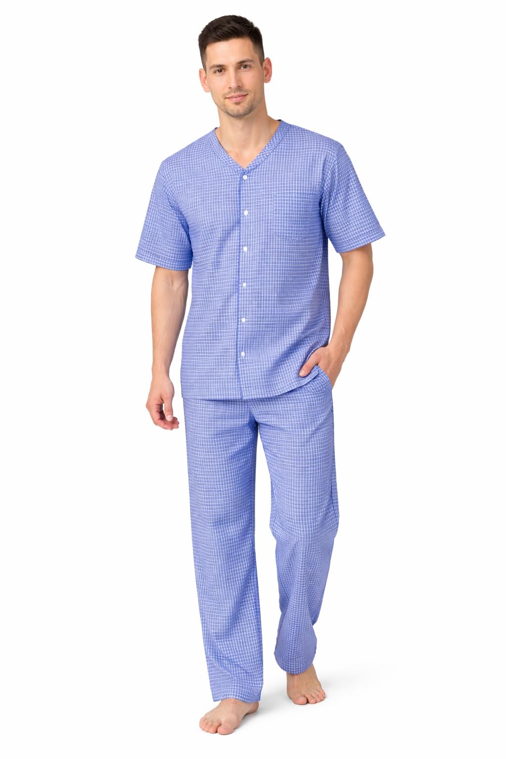 pragati trends Round Neck Poly Cotton Patient Dress (Blue Check-picture-15